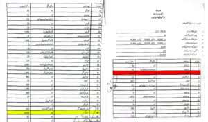 Form 47 of PB-39. Highlighting Bakht Muhammad in red, and Noor Muhammad in yellow.